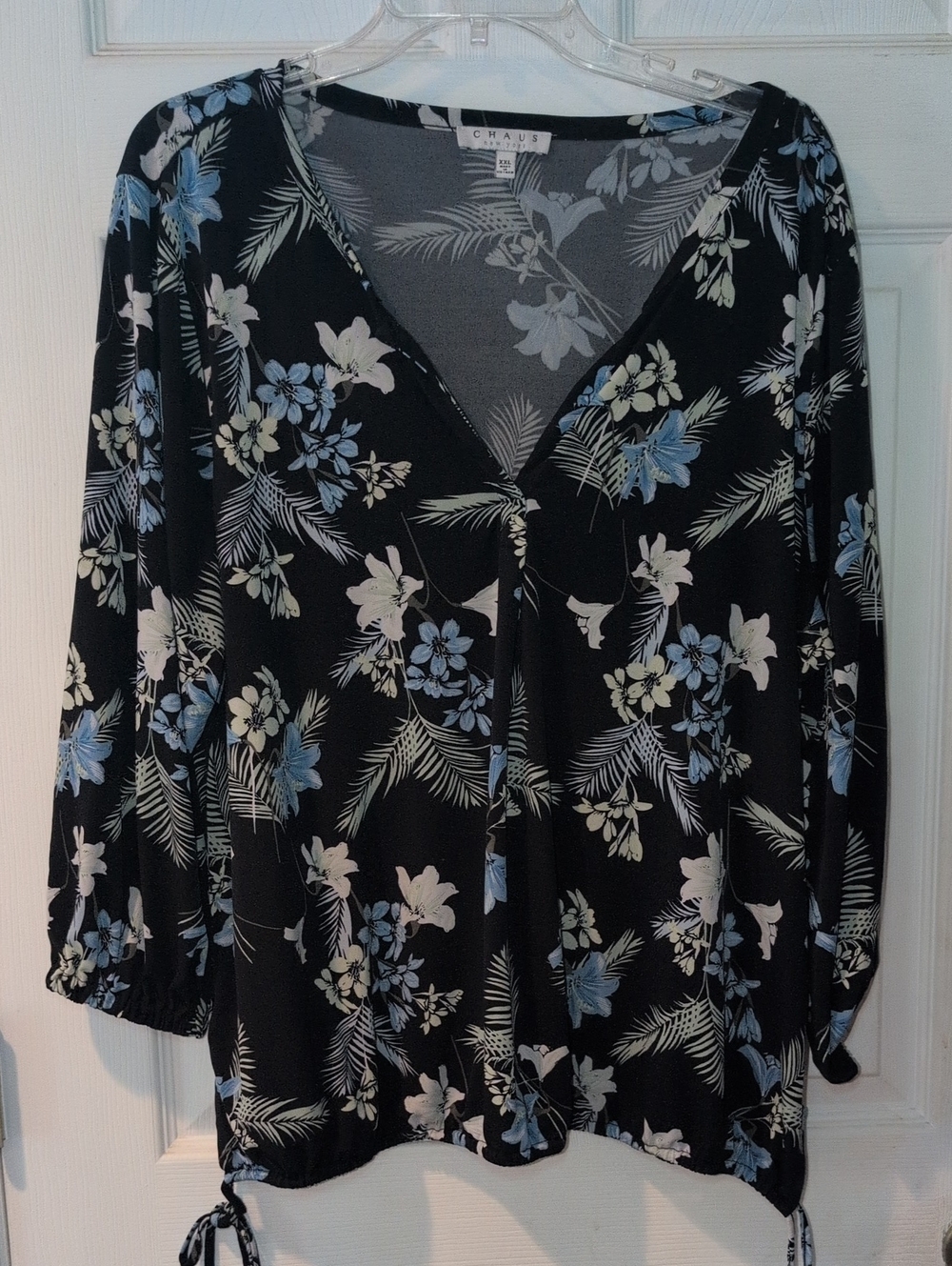 Chaus Navy Floral V-Neck Blouse with Blue and White Flowers